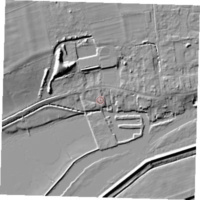 Shaded relief map of the ground around PE283PG, computed from Environment Agency LiDAR. The ground here sits at about 6 m above sea level and falls 14 m across the surrounding 800 m. Surface water reaching this point runs off ground lying to the north, 4.6 m higher.