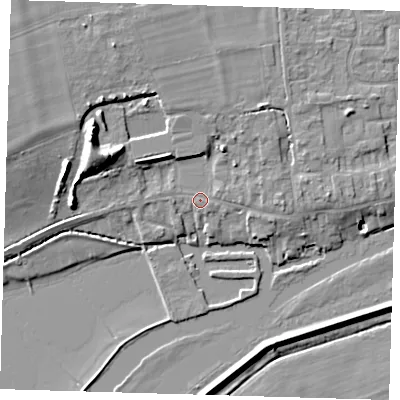 Shaded relief map of the ground around PE283PN, computed from Environment Agency LiDAR. The ground here sits at about 6 m above sea level and falls 12 m across the surrounding 800 m. Surface water reaching this point runs off ground lying to the north-north-west, 3.3 m higher.