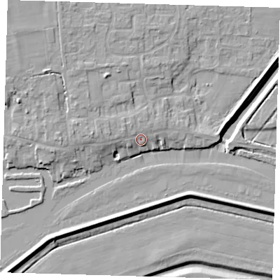 Shaded relief map of the ground around PE283PP, computed from Environment Agency LiDAR. The ground here sits at about 6 m above sea level and falls 10 m across the surrounding 800 m. Surface water reaching this point runs off ground lying to the north-west, 2.7 m higher.