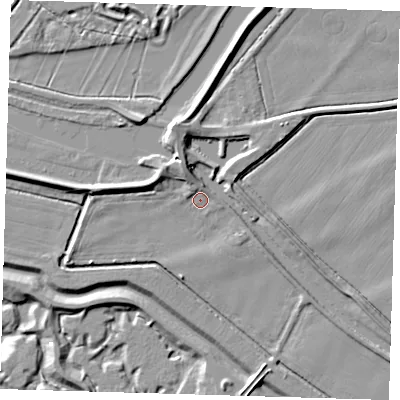 Shaded relief map of the ground around PE283PS, computed from Environment Agency LiDAR. The ground here sits at about 3 m above sea level and falls 13 m across the surrounding 800 m. Surface water reaching this point runs off ground lying to the north-north-east, 1.6 m higher.