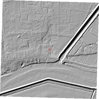 Shaded relief map of the ground around PE283PT, computed from Environment Agency LiDAR. The ground here sits at about 4 m above sea level and falls 8 m across the surrounding 800 m. Surface water reaching this point runs off ground lying to the south-south-west, 2.1 m higher.