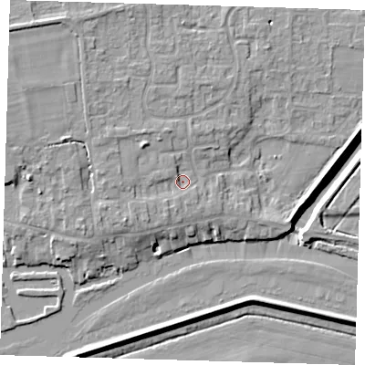 Shaded relief map of the ground around PE283PU, computed from Environment Agency LiDAR. The ground here sits at about 6 m above sea level and falls 9 m across the surrounding 800 m. Surface water reaching this point runs off ground lying to the north-west, 2.7 m higher.