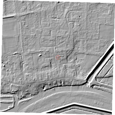 Shaded relief map of the ground around PE283QB, computed from Environment Agency LiDAR. The ground here sits at about 6 m above sea level and falls 9 m across the surrounding 800 m. Surface water reaching this point runs off ground lying to the north-north-west, 0.9 m higher.