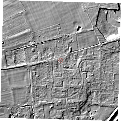 Shaded relief map of the ground around PE283QE, computed from Environment Agency LiDAR. The ground here sits at about 7 m above sea level and falls 10 m across the surrounding 800 m. Surface water reaching this point runs off ground lying to the west, 2.3 m higher.