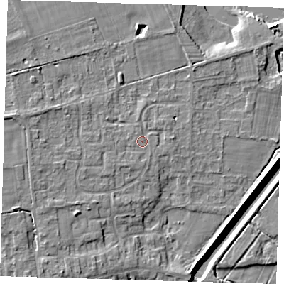 Shaded relief map of the ground around PE283QH, computed from Environment Agency LiDAR. The ground here sits at about 6 m above sea level and falls 9 m across the surrounding 800 m. Surface water reaching this point runs off ground lying to the south-west, 1.6 m higher.