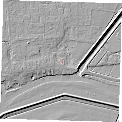 Shaded relief map of the ground around PE283QW, computed from Environment Agency LiDAR. The ground here sits at about 5 m above sea level and falls 8 m across the surrounding 800 m. Surface water reaching this point runs off ground lying to the west-south-west, 1.8 m higher.
