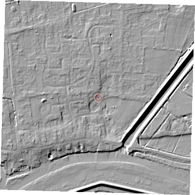 Shaded relief map of the ground around PE283QX, computed from Environment Agency LiDAR. The ground here sits at about 4 m above sea level and falls 8 m across the surrounding 800 m. Surface water reaching this point runs off ground lying to the west, 3.5 m higher.