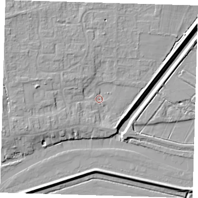 Shaded relief map of the ground around PE283RB, computed from Environment Agency LiDAR. The ground here sits at about 4 m above sea level and falls 8 m across the surrounding 800 m. Surface water reaching this point runs off ground lying to the west-north-west, 5.0 m higher.