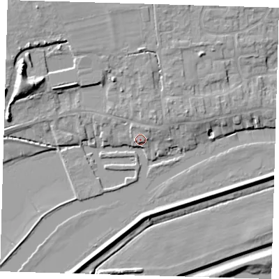 Shaded relief map of the ground around PE283RH, computed from Environment Agency LiDAR. The ground here sits at about 6 m above sea level and falls 15 m across the surrounding 800 m. Surface water reaching this point runs off ground lying to the north-east, 1.9 m higher.