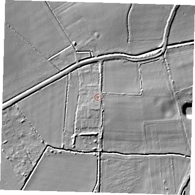 Shaded relief map of the ground around PE283RJ, computed from Environment Agency LiDAR. The ground here sits at about 7 m above sea level and falls 8 m across the surrounding 800 m. Surface water reaching this point runs off ground lying to the south-south-east, 1.1 m higher.