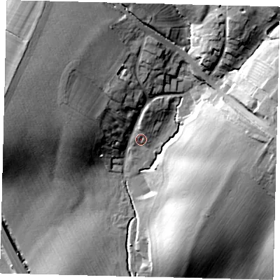 Shaded relief map of the ground around PE284BA, computed from Environment Agency LiDAR. The ground here sits at about 27 m above sea level and falls 29 m across the surrounding 800 m. Surface water reaching this point runs off ground lying to the north, 4.0 m higher.