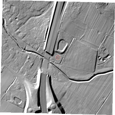 Shaded relief map of the ground around PE284BF, computed from Environment Agency LiDAR. The ground here sits at about 17 m above sea level and falls 25 m across the surrounding 800 m. Surface water reaching this point runs off ground lying to the north, 8.6 m higher.