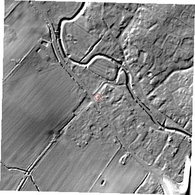 Shaded relief map of the ground around PE284BN, computed from Environment Agency LiDAR. The ground here sits at about 17 m above sea level and falls 14 m across the surrounding 800 m. Surface water reaching this point runs off ground lying to the west, 6.8 m higher.