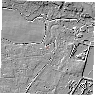 Shaded relief map of the ground around PE284BS, computed from Environment Agency LiDAR. The ground here sits at about 12 m above sea level and falls 7 m across the surrounding 800 m. Surface water reaching this point runs off ground lying to the west-south-west, 3.0 m higher.