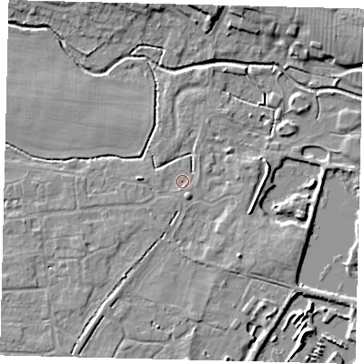 Shaded relief map of the ground around PE284BY, computed from Environment Agency LiDAR. The ground here sits at about 11 m above sea level and falls 6 m across the surrounding 800 m. Surface water reaching this point runs off ground lying to the west, 2.5 m higher.