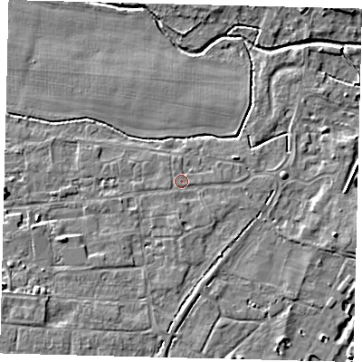 Shaded relief map of the ground around PE284BZ, computed from Environment Agency LiDAR. The ground here sits at about 12 m above sea level and falls 6 m across the surrounding 800 m. Surface water reaching this point runs off ground lying to the south, 1.0 m higher.