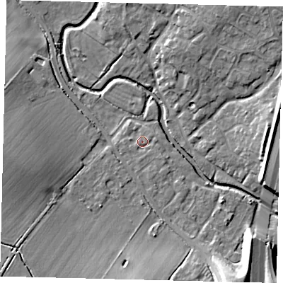 Shaded relief map of the ground around PE284DF, computed from Environment Agency LiDAR. The ground here sits at about 17 m above sea level and falls 14 m across the surrounding 800 m. Surface water reaching this point runs off ground lying to the south, 1.0 m higher.