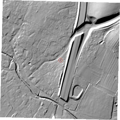 Shaded relief map of the ground around PE284DN, computed from Environment Agency LiDAR. The ground here sits at about 20 m above sea level and falls 29 m across the surrounding 800 m. Surface water reaching this point runs off ground lying to the north-east, 25.7 m higher.