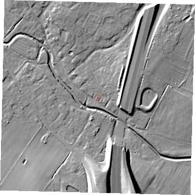 Shaded relief map of the ground around PE284DP, computed from Environment Agency LiDAR. The ground here sits at about 17 m above sea level and falls 15 m across the surrounding 800 m. Surface water reaching this point runs off ground lying to the north-east, 7.7 m higher.