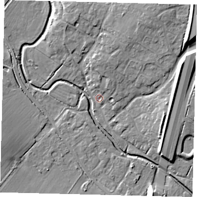 Shaded relief map of the ground around PE284DS, computed from Environment Agency LiDAR. The ground here sits at about 17 m above sea level and falls 15 m across the surrounding 800 m. Surface water reaching this point runs off ground lying to the north, 4.9 m higher.