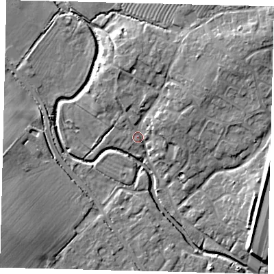 Shaded relief map of the ground around PE284DT, computed from Environment Agency LiDAR. The ground here sits at about 18 m above sea level and falls 11 m across the surrounding 800 m. Surface water reaching this point runs off ground lying to the north-east, 7.0 m higher.
