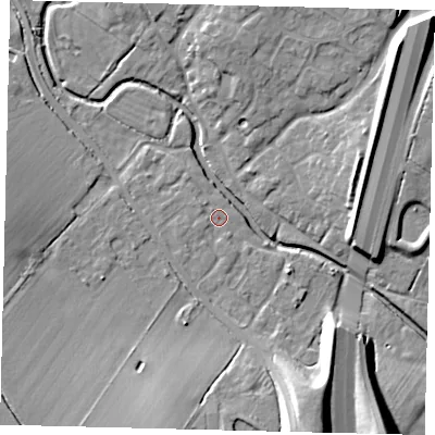 Shaded relief map of the ground around PE284EP, computed from Environment Agency LiDAR. The ground here sits at about 17 m above sea level and falls 15 m across the surrounding 800 m. Surface water reaching this point runs off ground lying to the south-south-west, 1.6 m higher.