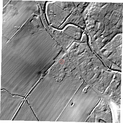 Shaded relief map of the ground around PE284ET, computed from Environment Agency LiDAR. The ground here sits at about 18 m above sea level and falls 15 m across the surrounding 800 m. Surface water reaching this point runs off ground lying to the south-west, 1.0 m higher.
