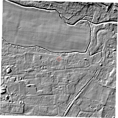 Shaded relief map of the ground around PE284FN, computed from Environment Agency LiDAR. The ground here sits at about 11 m above sea level and falls 7 m across the surrounding 800 m. The ground contributing surface water to this point lies to the south-east.