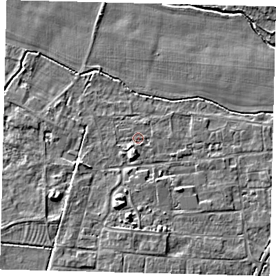 Shaded relief map of the ground around PE284FP, computed from Environment Agency LiDAR. The ground here sits at about 12 m above sea level and falls 7 m across the surrounding 800 m. Surface water reaching this point runs off ground lying to the south-south-west, 4.2 m higher.