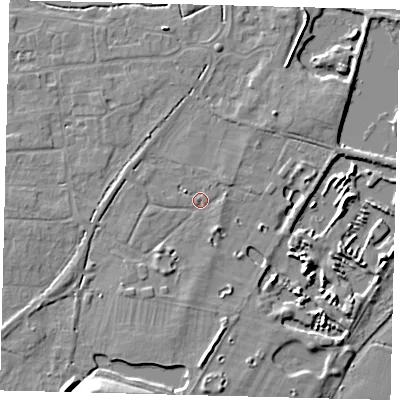 Shaded relief map of the ground around PE284GY, computed from Environment Agency LiDAR. The ground here sits at about 12 m above sea level and falls 9 m across the surrounding 800 m. Surface water reaching this point runs off ground lying to the south-south-west, 7.7 m higher.