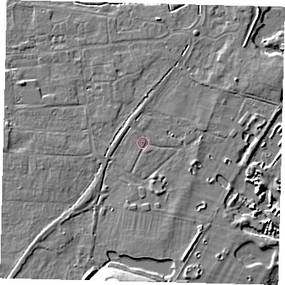 Shaded relief map of the ground around PE284GZ, computed from Environment Agency LiDAR. The ground here sits at about 12 m above sea level and falls 11 m across the surrounding 800 m. Surface water reaching this point runs off ground lying to the south-south-west, 9.0 m higher.
