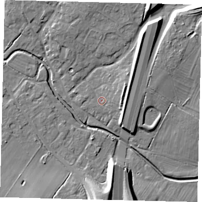 Shaded relief map of the ground around PE284HF, computed from Environment Agency LiDAR. The ground here sits at about 17 m above sea level and falls 19 m across the surrounding 800 m. Surface water reaching this point runs off ground lying to the east-north-east, 5.4 m higher.