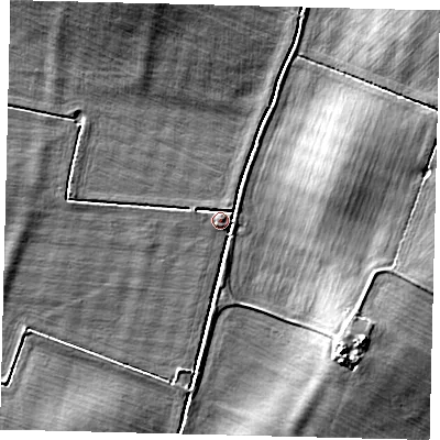 Shaded relief map of the ground around PE284HG, computed from Environment Agency LiDAR. The ground here sits at about 14 m above sea level and falls 8 m across the surrounding 800 m. Surface water reaching this point runs off ground lying to the east, 2.0 m higher.