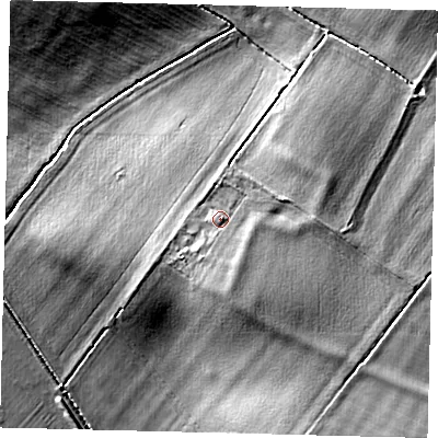 Shaded relief map of the ground around PE284HQ, computed from Environment Agency LiDAR. The ground here sits at about 20 m above sea level and falls 14 m across the surrounding 800 m. Surface water reaching this point runs off ground lying to the south-south-east, 2.7 m higher.