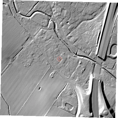 Shaded relief map of the ground around PE284HR, computed from Environment Agency LiDAR. The ground here sits at about 17 m above sea level and falls 17 m across the surrounding 800 m. Surface water reaching this point runs off ground lying to the south-south-west, 1.1 m higher.