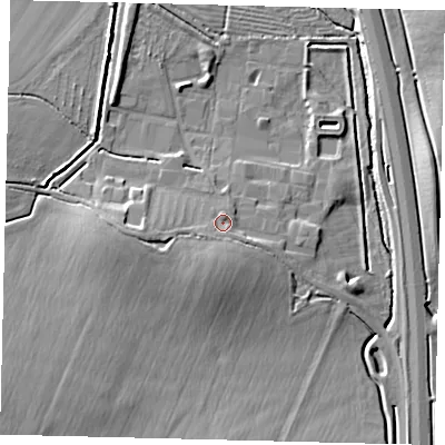Shaded relief map of the ground around PE284HS, computed from Environment Agency LiDAR. The ground here sits at about 18 m above sea level and falls 9 m across the surrounding 800 m. Surface water reaching this point runs off ground lying to the south-west, 1.4 m higher.