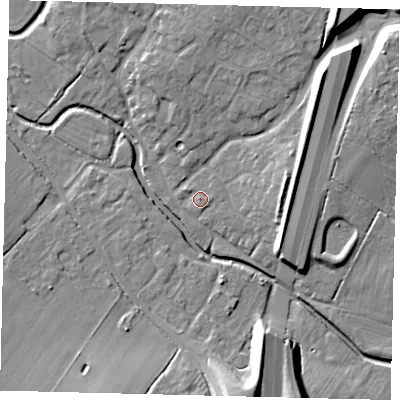 Shaded relief map of the ground around PE284HT, computed from Environment Agency LiDAR. The ground here sits at about 17 m above sea level and falls 14 m across the surrounding 800 m. Surface water reaching this point runs off ground lying to the south-south-east, 0.8 m higher.