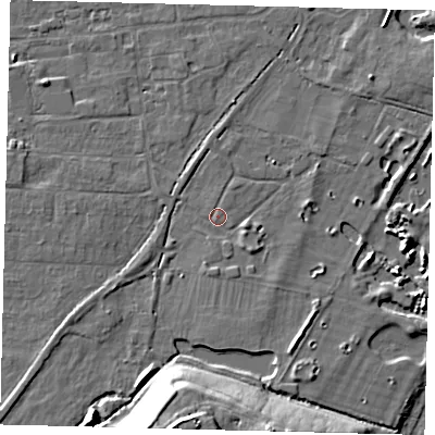 Shaded relief map of the ground around PE284HU, computed from Environment Agency LiDAR. The ground here sits at about 12 m above sea level and falls 18 m across the surrounding 800 m. Surface water reaching this point runs off ground lying to the south-south-west, 16.2 m higher.