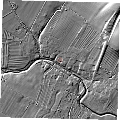 Shaded relief map of the ground around PE284JD, computed from Environment Agency LiDAR. The ground here sits at about 18 m above sea level and falls 28 m across the surrounding 800 m. Surface water reaching this point runs off ground lying to the north-east, 24.5 m higher.