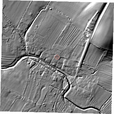 Shaded relief map of the ground around PE284JJ, computed from Environment Agency LiDAR. The ground here sits at about 19 m above sea level and falls 30 m across the surrounding 800 m. Surface water reaching this point runs off ground lying to the north-east, 15.9 m higher.