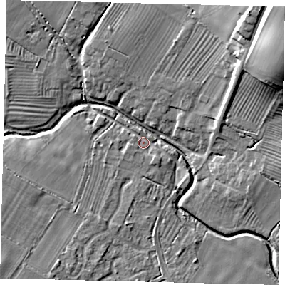 Shaded relief map of the ground around PE284JP, computed from Environment Agency LiDAR. The ground here sits at about 18 m above sea level and falls 28 m across the surrounding 800 m. Surface water reaching this point runs off ground lying to the south-west, 3.2 m higher.