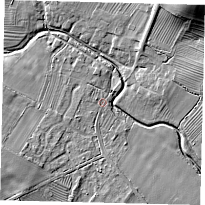 Shaded relief map of the ground around PE284JR, computed from Environment Agency LiDAR. The ground here sits at about 18 m above sea level and falls 24 m across the surrounding 800 m. Surface water reaching this point runs off ground lying to the west-south-west, 2.2 m higher.