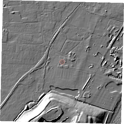 Shaded relief map of the ground around PE284NF, computed from Environment Agency LiDAR. The ground here sits at about 13 m above sea level and falls 21 m across the surrounding 800 m. Surface water reaching this point runs off ground lying to the south, 1.0 m higher.