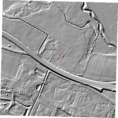 Shaded relief map of the ground around PE284NL, computed from Environment Agency LiDAR. The ground here sits at about 12 m above sea level and falls 6 m across the surrounding 800 m. Surface water reaching this point runs off ground lying to the south, 2.7 m higher.