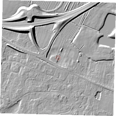 Shaded relief map of the ground around PE284NN, computed from Environment Agency LiDAR. The ground here sits at about 12 m above sea level and falls 10 m across the surrounding 800 m. Surface water reaching this point runs off ground lying to the west-north-west, 2.7 m higher.
