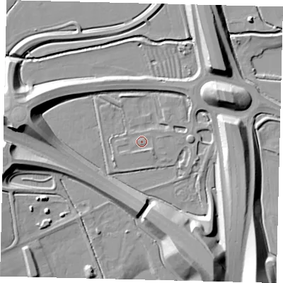 Shaded relief map of the ground around PE284NQ, computed from Environment Agency LiDAR. The ground here sits at about 13 m above sea level and falls 18 m across the surrounding 800 m. Surface water reaching this point runs off ground lying to the west-south-west, 0.8 m higher.
