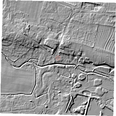 Shaded relief map of the ground around PE284PG, computed from Environment Agency LiDAR. The ground here sits at about 12 m above sea level and falls 8 m across the surrounding 800 m. Surface water reaching this point runs off ground lying to the north-north-east, 4.6 m higher.
