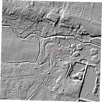 Shaded relief map of the ground around PE284PS, computed from Environment Agency LiDAR. The ground here sits at about 11 m above sea level and falls 8 m across the surrounding 800 m. Surface water reaching this point runs off ground lying to the west-south-west, 0.5 m higher.