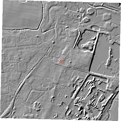 Shaded relief map of the ground around PE284PU, computed from Environment Agency LiDAR. The ground here sits at about 12 m above sea level and falls 6 m across the surrounding 800 m. Surface water reaching this point runs off ground lying to the east, 2.5 m higher.