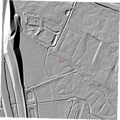 Shaded relief map of the ground around PE284QB, computed from Environment Agency LiDAR. The ground here sits at about 12 m above sea level and falls 17 m across the surrounding 800 m. Surface water reaching this point runs off ground lying to the north-north-west, 3.4 m higher.